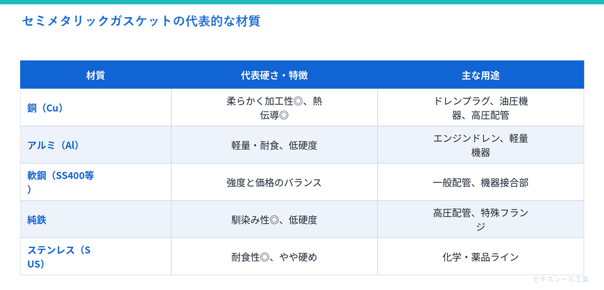セミメタリックガスケットの代表的な材質